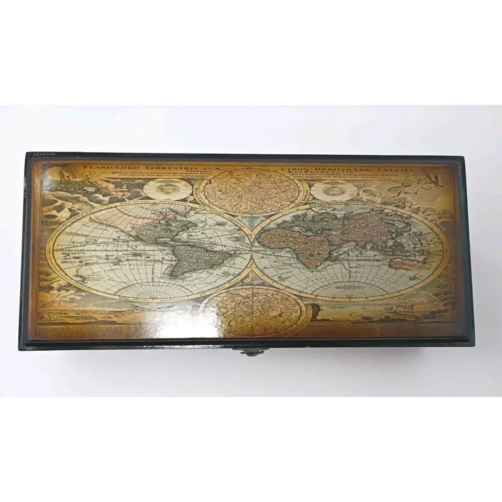 Beautiful Jewelry Multipurpose Box Wood Velvet World Map Keepsake